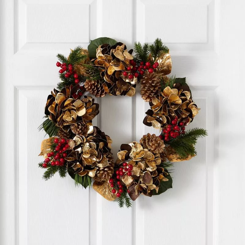 24-golden-hydrangea-with-berries-pine-artificial-wreath 24 Golden Hydrangea with Berries and Pine Artificial Wreath