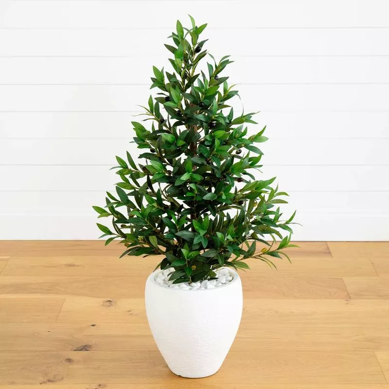 3-5-olive-cone-topiary-artificial-tree-in-white-planter-indoor-outdoor 3.5 Olive Cone Topiary Artificial Tree in White Planter (Indoor/Outdoor)