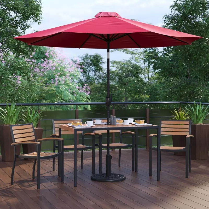 7 Piece Table Set with 4 Stackable Chairs, 30″ x 48″ Table, Red Umbrella, Base
