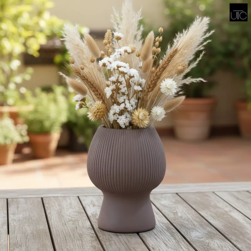 Zoryana Sculpted Stoneware Pot with Pedestal Base Beige